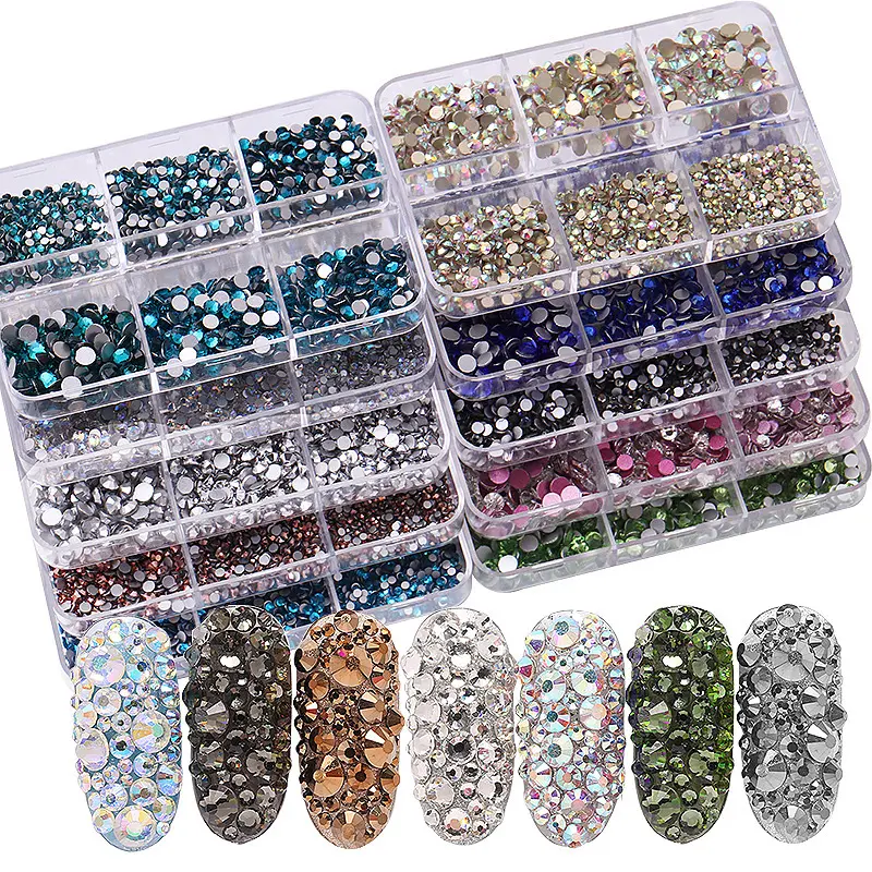 1 Kotak Berlian Imitasi Kristal Kuku Emas Perak AB Jelas Semua Warna Campuran Bawah Datar DIY Perhiasan Kuku Rhinestones