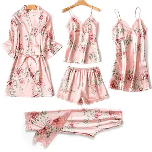 Pajamas women sexy pajamas five-piece sets spring summer autumn home with chest pad night gown thin style