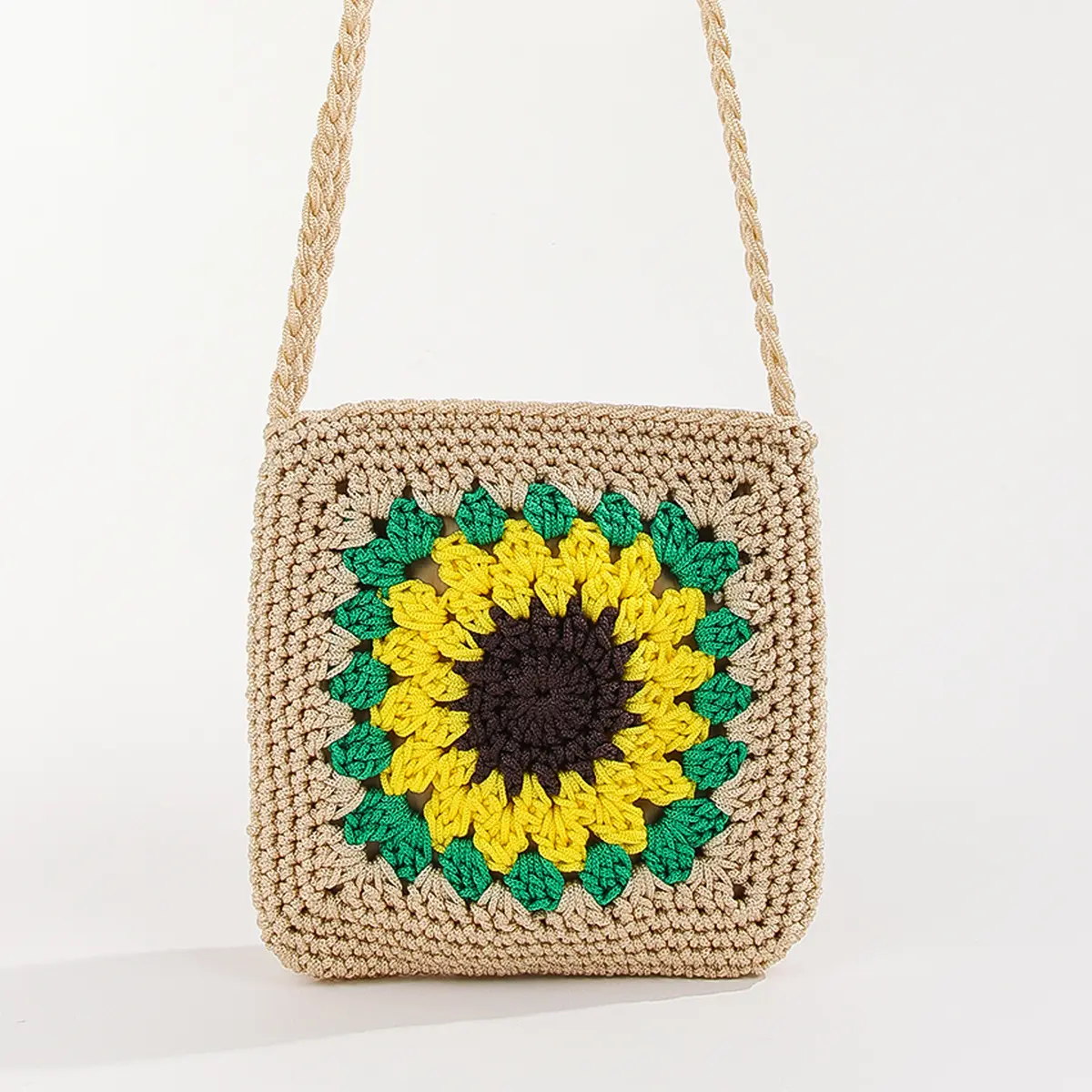 Bolsa de palha crossbody étnica feita à mão para flores, bolsa de crochê DIY para retalhos, girassol e cores clash, bolsa de noite