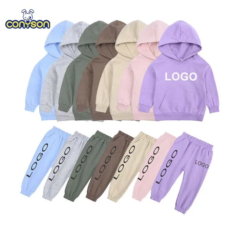 Conyson özel logo yüksek kaliteli çocuk giysileri çocuklar hoodies eşofman fransız terry bahar çocuk tulumları joggers giyim seti