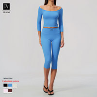 Nouvel ensemble de sport brossé uni style demi-manches, t-shirt ajusté et pantalon capri respirant taille haute pour femme – Ensembles de yoga
