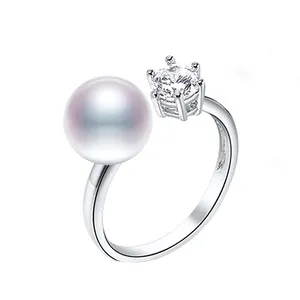 925 Sterling Perak Ring 8-9Mm Berbudaya Mutiara Cincin Gaya Trendi Perhiasan Lucu Mutiara Air Tawar Desain Cincin untuk Wanita PR01