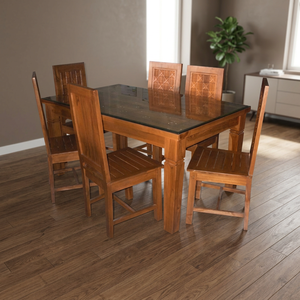 Solid Teak Wood <b>Dining</b> <b>Table</b> Set <b>6</b> Walnut-Colored Chairs Modern Minimalist Design Home Kitchen Restaurant Bar Furniture-Iron - Product Image 3