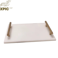 Plateau de service rectangulaire en marbre naturel avec poignées en métal doré, plateau de rangement de luxe pour la vanité
