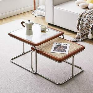 Rattan Coffee <b>Table</b> <b>Set</b> Modern Stainless Steel Frame Living Room Furniture Minimalist Design Small Apartment Use - Product Image 3