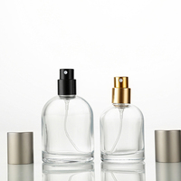 Vente en gros de flacons de parfum en verre de luxe ronds de 30 ml et 50 ml, personnalisables avec logo, de haute qualité, à col serti, avec bouchon noir
