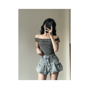 T-shirts pour femmes de haute qualité, plusieurs couleurs, style coréen, ODM/OEM, élégant, buste froncé, haut épaules dénudées, coupe ajustée compressée, livraison gratuite - Product Image 4