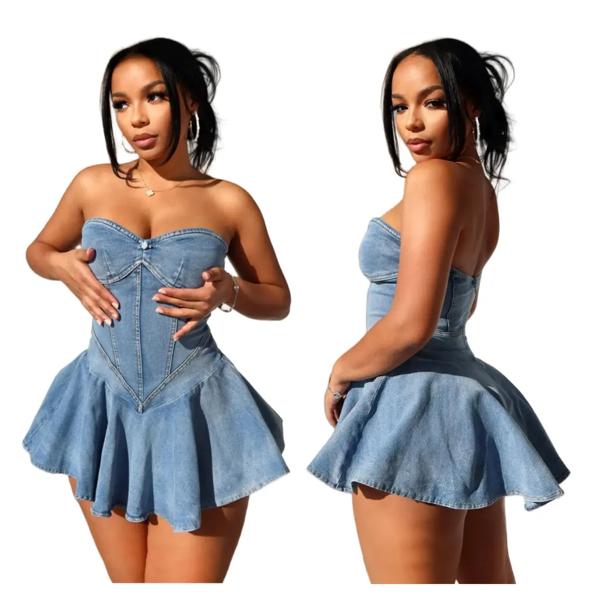 BR4220 Best selling strapless stretch jean flounced dress