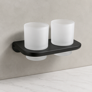 Support mural noir mat pour gobelets, double porte-gobelets, porte-brosse à dents de salle de bain avec 2 gobelets givrés - Product Image 1