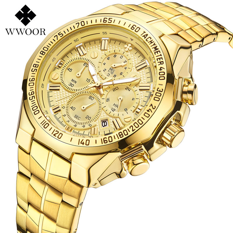 WWOOR 8868 Brand Golden Chronograph Men Watches Stainless Steel Calendar  Clock Waterproof Men Quartz Watch Man