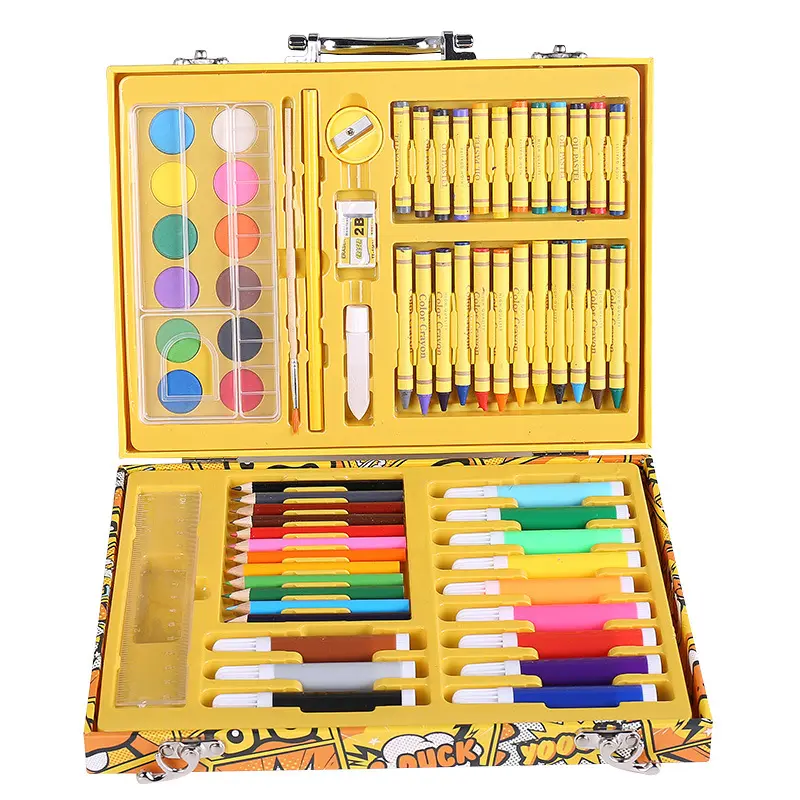 Venda por atacado 84 peças caixa de plástico pequeno pato amarelo arte papelaria desenho arte e artesanato conjunto com caneta aquarela
