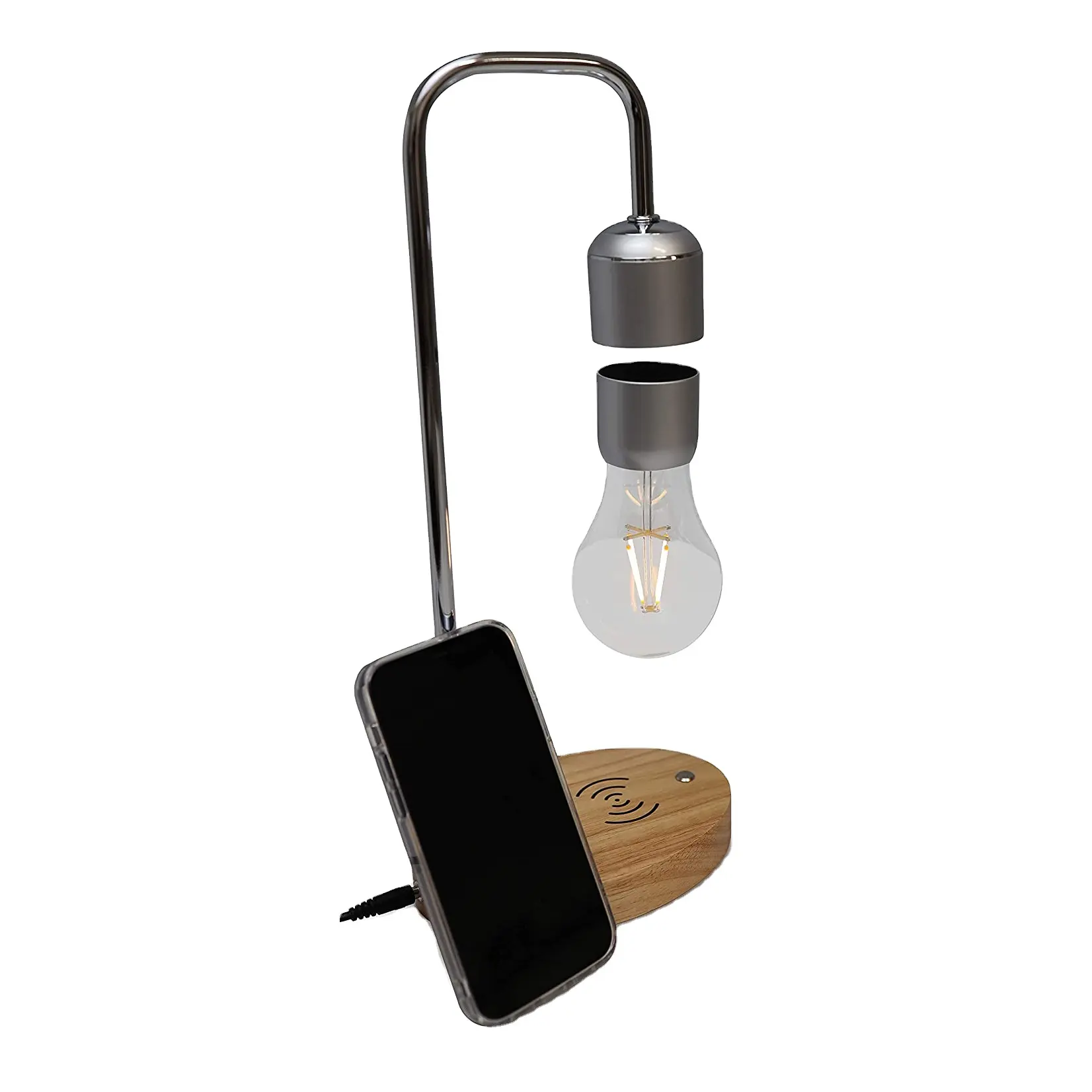 Custom Dropshipping Wood Magnetic Floating Levitating Led Light Bulb Lamp With Wireless Phone Charging Charger Station