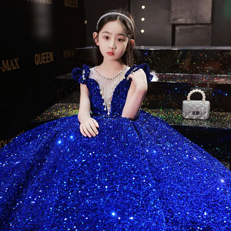 Finalz wholesale children baby princess style sequined blue Long sleeveless girls party dresses