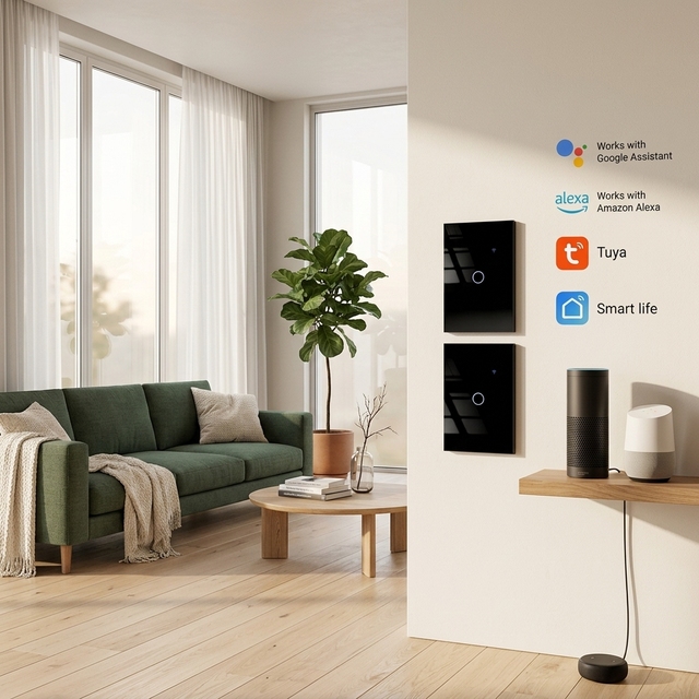 Live + Neutral and Single Live Wiring Wi-Fi 2.4GHz Smart Home Device, Smart Touch Switch Wifi with Glass Touch Panel