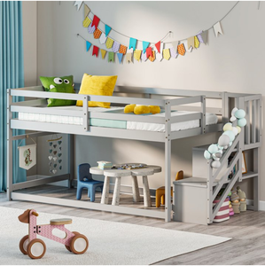 Cama Alta de Madera Maciza <span class=keywords><strong>con</strong></span> Escalera de Almacenamiento Doble, Barandillas de Seguridad, Barra para Colgar, Modelo de <span class=keywords><strong>Piso</strong></span> para Niños y Niñas, Color Gris - Product Image 2
