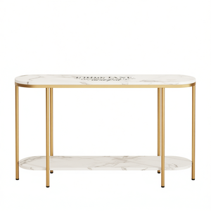Modern <b>Gold</b> Faux Marble 2-Tier <b>Console</b> <b>Table</b> with Easy Assembly for Living Room Entryway Storage Shelves - Product Image 1