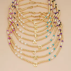 Go2bobo Colorful Gold Plated Beaded Necklace Women Choker Fashion Jewelry Bohemian Charm Letter A-Z Gold Chain Pearl Necklace