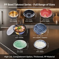 Bol rond jetable en PP compatible micro-ondes avec couvercle transparent, pour soupe, nouilles, ramen, 350/550/700/1000 ml