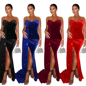 wholesale christmas sequin wedding party evening maxi long high slit dresses bridal curvy sleeveless ball gown