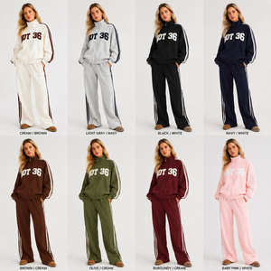 Ensemble de survêtement 2 pièces pour femme à rayures, veste zippée à col montant avec imprimé lettres, pantalon large à rayures latérales, en polaire douce, BSCI OEM - Product Image 3