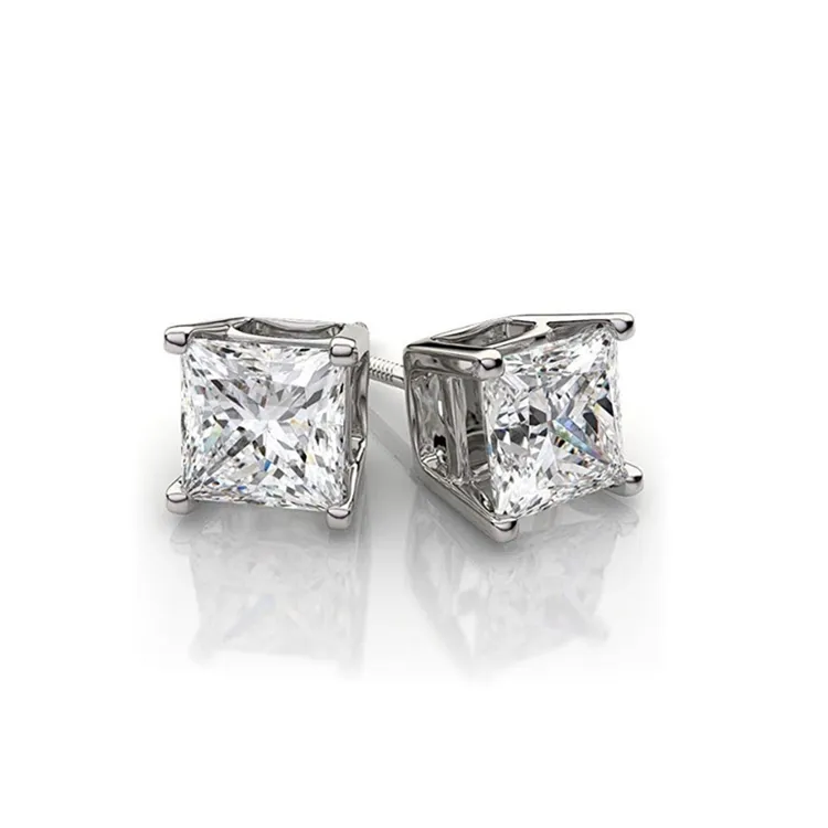 New Hot Sales Fashion Wholesale Princess Cut Moissanite Diamond 14k White Gold Stud Earring