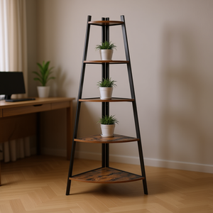 Estantería Esquinera Industrial en Forma de A de 5 Niveles con Estructura Metálica y Aspecto de Madera para Almacenamiento en el Hogar u Oficina, Soporte para Plantas - Product Image 2
