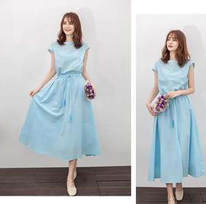 Nuova estate 2022 abiti da nappa con coulisse a manica corta da donna di grandi dimensioni <span class=keywords><strong>abito</strong></span> lungo longuette in cotone tinta unita con scollo a v in cotone tinta unita - Product Image 4