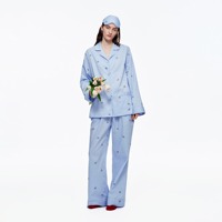Ensemble de pyjama à manches longues à imprimé animal bleu clair avec masque pour les yeux, coupe décontractée, vêtements de nuit printaniers pour femmes, fabrication sur mesure