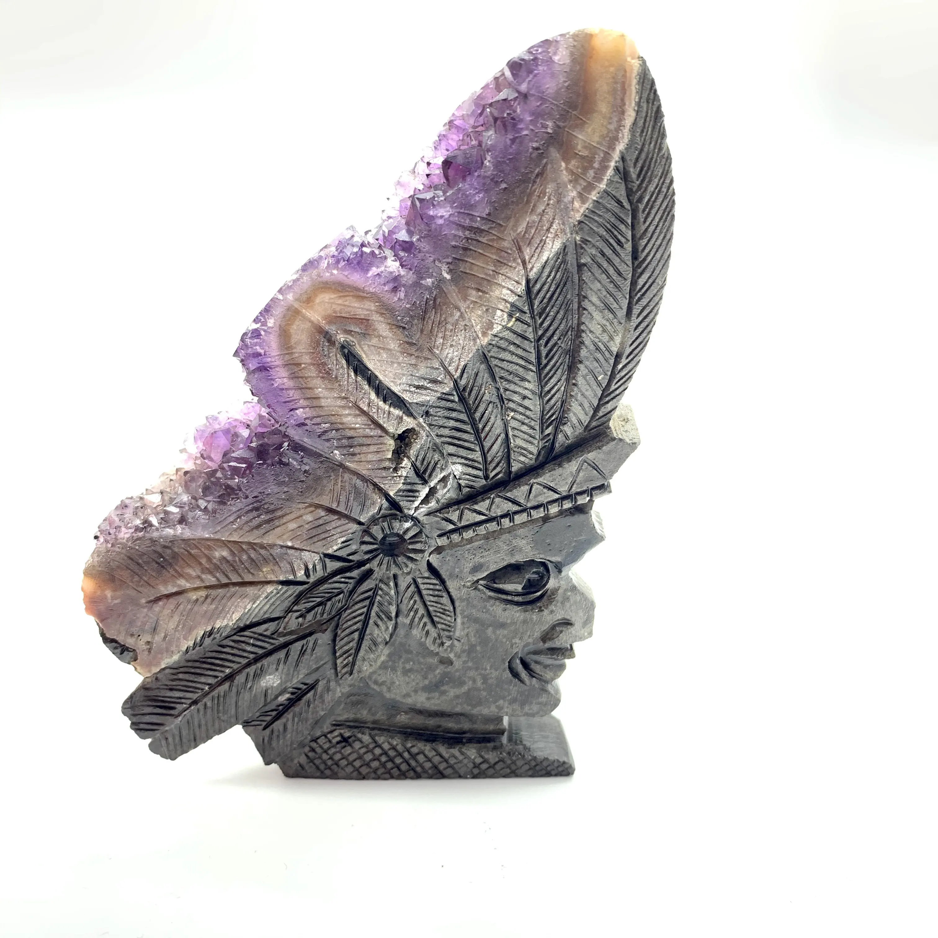 Unique Design Natural Amethyst Agate Stone Geode crystal Carving Indian Head Originals for Wholesale