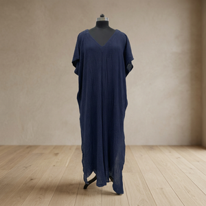 Women's Navy Blue <b>Linen</b> V-Neck Loose Maxi <b>Dress</b> Cap Sleeve Asymmetrical Hem Boho <b>Summer</b> Casual Wear - Product Image 2