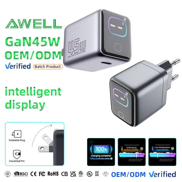 Foldable Travel Mini GaN Charger With 45W PD Fast Charging and Smart Display for Laptop Phone Tablet Travel Office Use