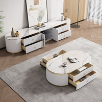 Ensemble Meuble TV et Table Basse Moderne Minimaliste Blanc Crème, Meuble de Salon Luxe Léger avec Plateau en Pierre et Rangement