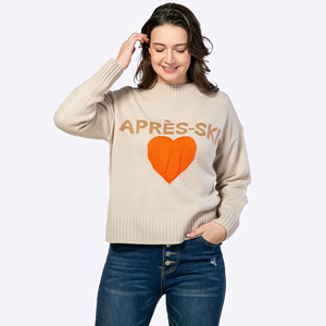 Maßgefertigter Damen Apres-Ski Pullover mit Buchstaben-Herz-Intarsien, Stehkragen, Überschnittener Schulter, Langen Ärmeln, Winter Loser Strickpullover Hersteller - Product Image 1
