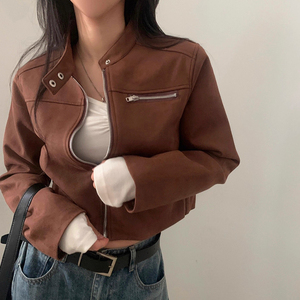 Nuevas llegadas de otoño, nueva moda retro, abrigos de cuero para <span class=keywords><strong>mujer</strong></span> con cuello alto, manga <span class=keywords><strong>larga</strong></span> y <span class=keywords><strong>cremallera</strong></span>. - Product Image 5