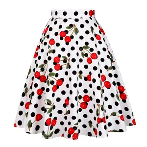 Vintage Polka Dots Floral Cherry Print White Skirt Women High Waist Skirts Summer 2022 Elegant Cotton Female Bottom VD0020