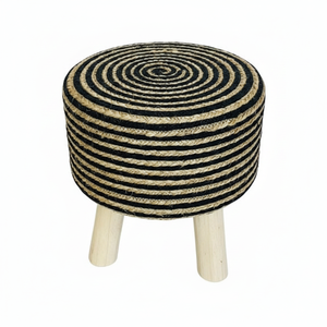 Taburete Otomano Moderno de 2 Piezas, Redondo, Hecho a Mano con Yute y Algodón Negro Trenzado, Base de Madera, Móvil, para Decoración de Bodas - Product Image 2