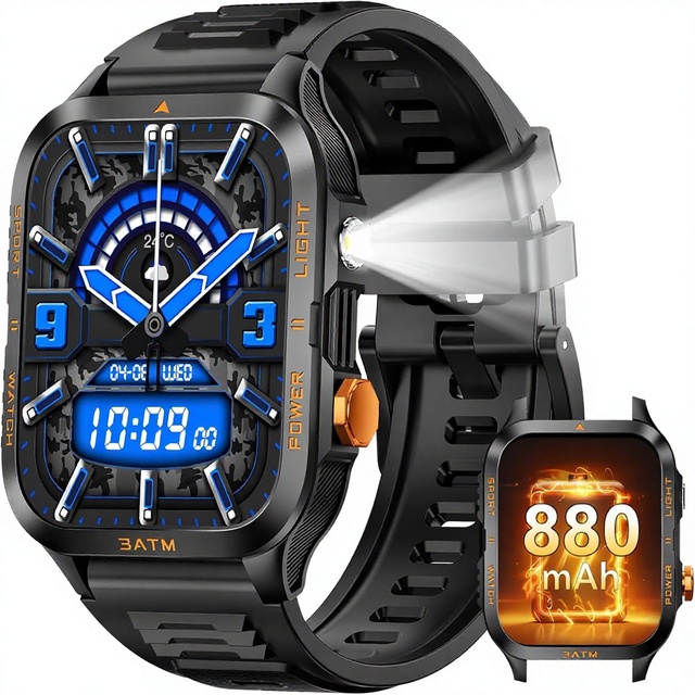 Intelligent Reloj SmartWatch Men Answer/Make Call Square Rugged Tactical LED Flashlight 3ATM Waterproof OLED Display Alloy Case