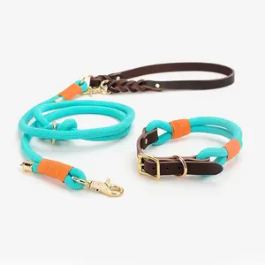 Conjunto de collar de correa de perro de cuerda de nailon de diseñador Popular hecho a mano correa de perro de plomo antideslizante con cadena P para entrenamiento de perros