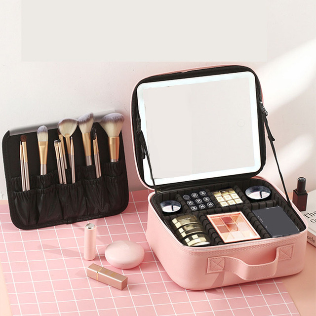 Cross-border Makeup Bag Led Light with Mirror Large Capacity Portable Professional Beauty Bag Double Layer Cosmetic Case