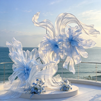Y-057 Bunga Organza Raksasa Biru Muda & Putih, Karya Seni Floral Kain Tipis Buatan Tangan untuk Latar Belakang Panggung Pernikahan