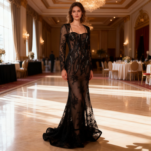 Avrupa ve amerikan Modern dantel kayış düz renk zemin uzunlukta elbise kıyafeti Trim eklenmiş yaka uzun kollu Slim Fit elbise - Product Image 3