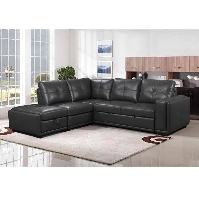 modern luxury Air black Large loading leather sofa set l shape sofa with pull out bed and ottoman