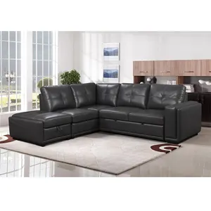 Sofá moderno de cuero con carga grande, conjunto de sofá en forma de l con cama extraíble y otomana, aire negro