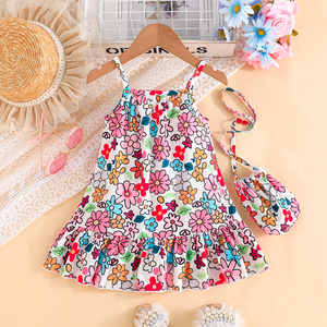 Ropa Infantil, Vestido de Tirantes con Flores para Niñas, Lindo Vestido Informal a la Moda con Cuello de Muñeca y Bolso, Vestido Diario para Niñas - Product Image 3