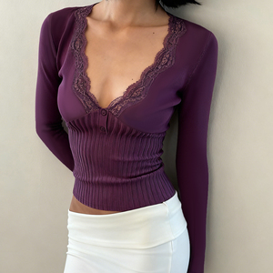 Camiseta de Punto con Cuello en V y Parches de Encaje Estilo Jefe para Mujer, Ajustada, con Botones en la Parte Delantera, Color Morado, Sexy, Moldea la Cintura, Top Interior - Product Image 3