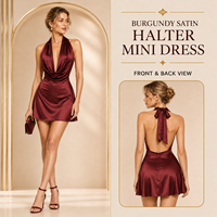 Robe de soirée mini sexy moulante sans manches en satin bordeaux pour femme, style club, dos ouvert, personnalisable OEM/ODM, marque privée