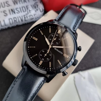 Montre chronographe minimaliste à quartz pour homme, boîtier ultra fin, plusieurs sous-cadrans, bracelet en cuir véritable, montre-bracelet décontractée pour homme