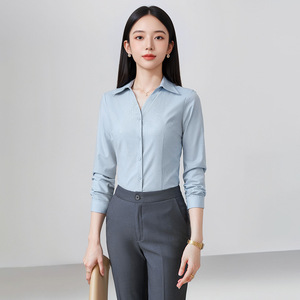 Women's Long Sleeve Shirt Light Blue Solid Color No-Wrinkle Polyester Workwear Comfortable Office Uniform - Product Image 4