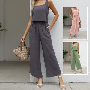 OEM Summer Solid Two Piece <strong>Sets</strong> Casual Sleeveless <strong>Square</strong> Collar Shirt and Loose Straight Pants Suits Women Cotton Linen <strong>Set</strong> - Product Image 4