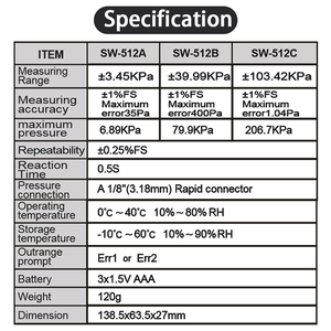 SNDWAY manomètre différentiel d'air <span class=keywords><strong>Portable</strong></span> 2 ports 3 gamme SW-512A B C manomètre pour mesurer la pression - Product Image 4